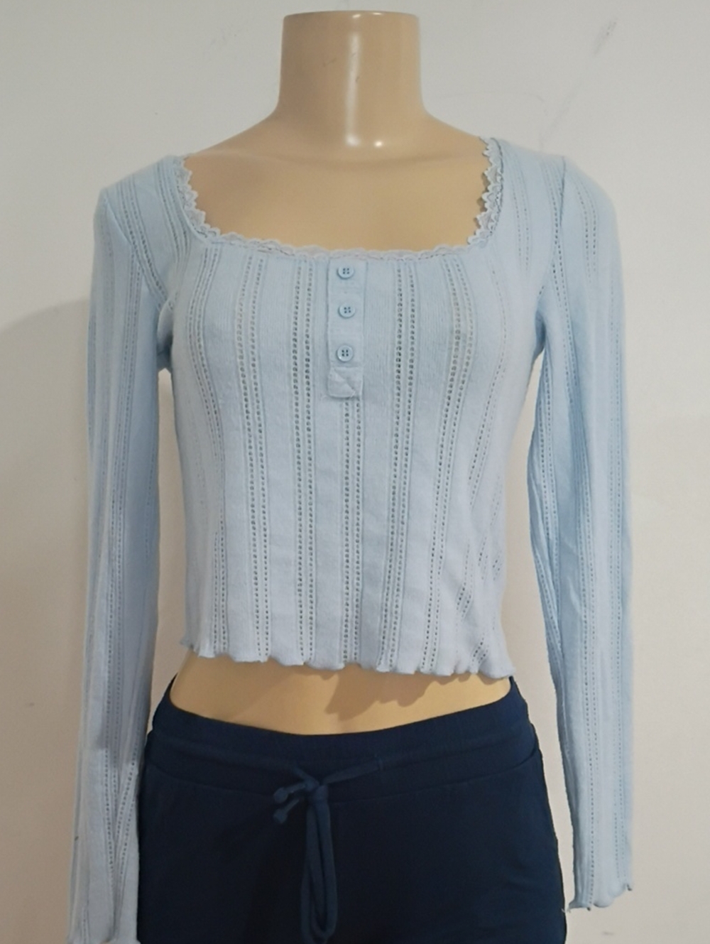 Pink Rose Pale Blue Ribbed Scoop Neck Long Sleeve Top